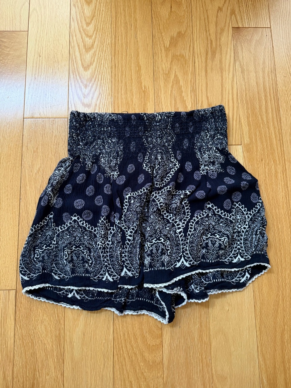 Aqua Black and White Paisley High-Waist Smocked Shorts